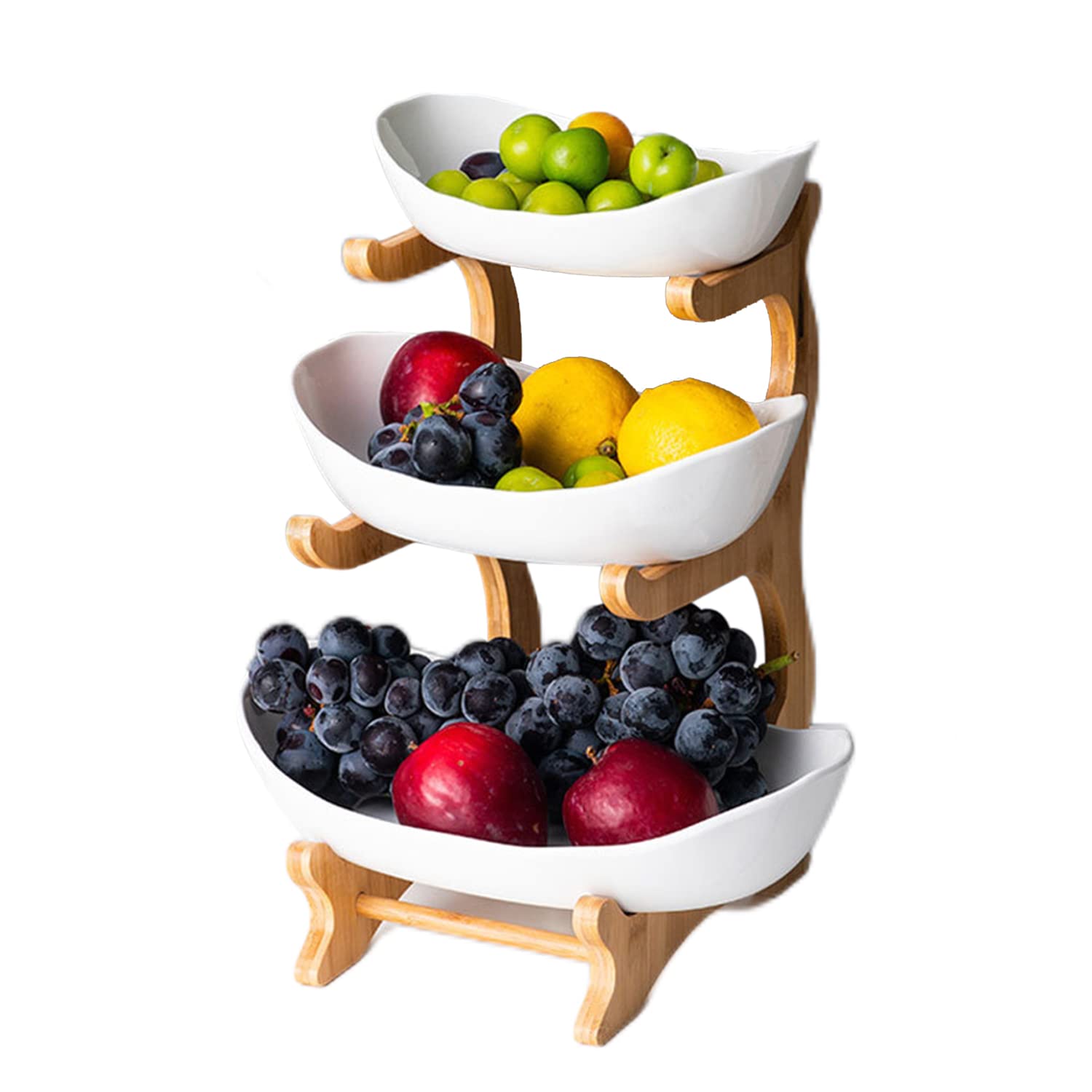 Lmaray Ceramic Fruit Bowl - White 3 Tier Serving Bowl with Natural Bamboo Rack, Tiered Ceramic Serving Tray Set for Sushi, Dessert, Fruit, Vegetables, Appetizer, Cake, Candy, Chip Dip (White)