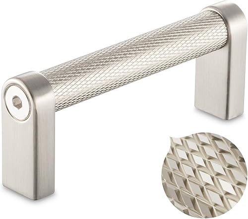 KOOFIZO Tirador moleteado para gabinete, manija de muebles de níquel cepillado, espacio entre tornillos de 3 pulgadas, paquete de 5 unidades P22