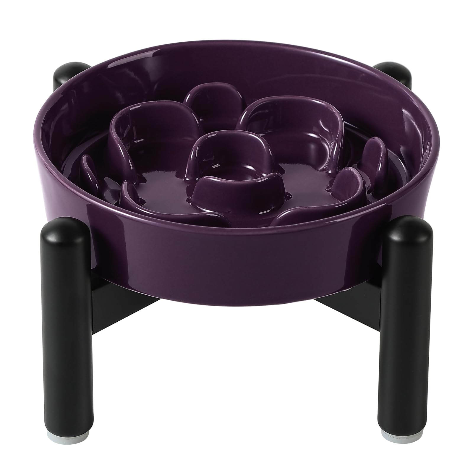Elevated Slow Feeder Dog Bowl - Ceramic Maze Dog Food Bowl with Stainless Stand - Raised Slow Feeder for Small Breeds to Control Eating Speed - 6.3 Inch - 0.8 Cups (80g) - Purple