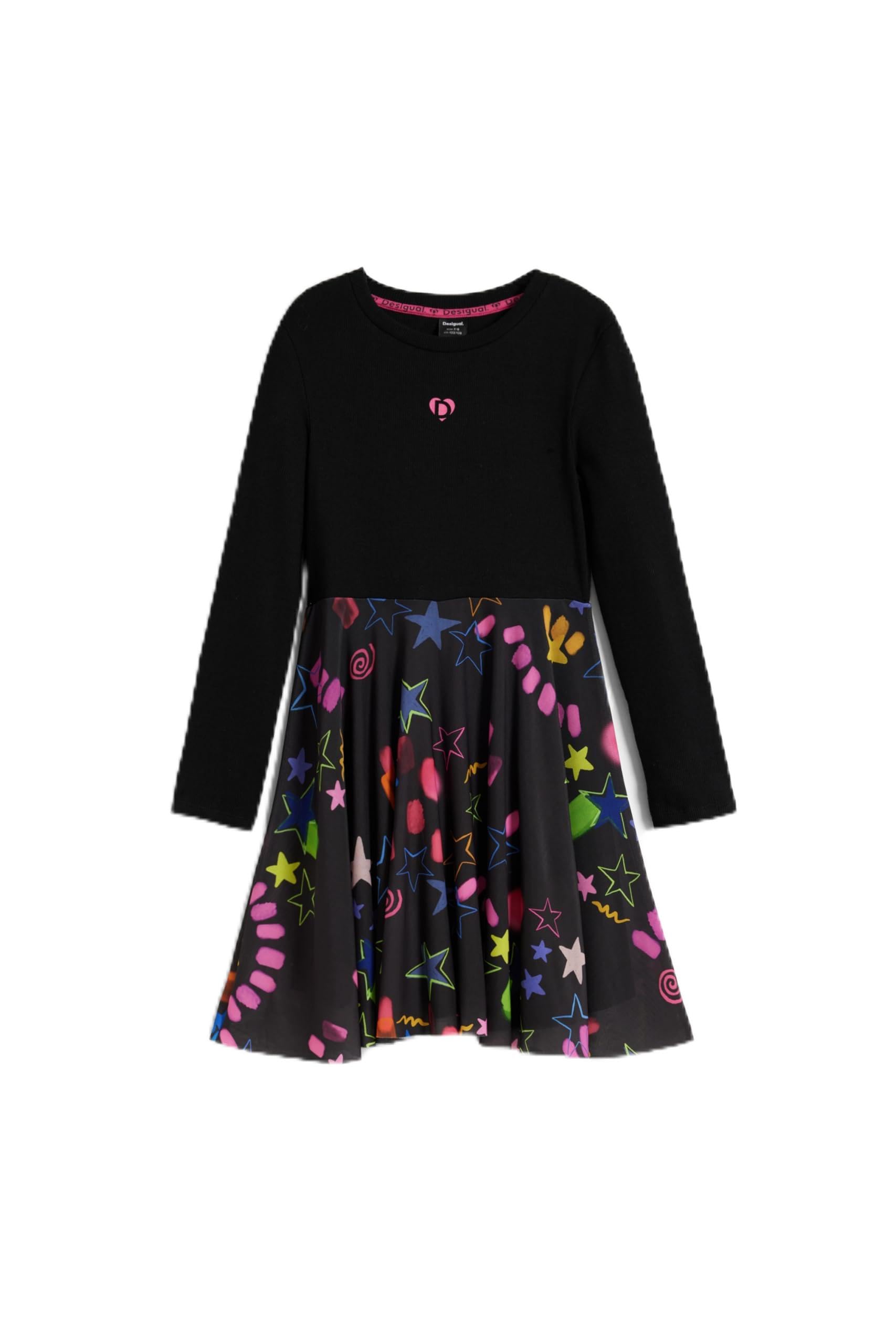 Desigual Mädchen Schwarz Kleid Mit Sternenmuster Kombiniert, Baumwolle, 9/10