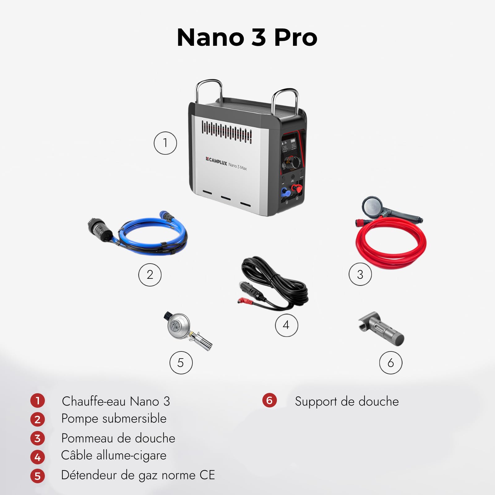 CAMPLUX Nano 3 Pro - Chauffe-Eau Portable à Gaz, Eau Chaude Instantanée, avec Batterie Intégrée et Pompe 12V, Compact pour Camping & Vanlife