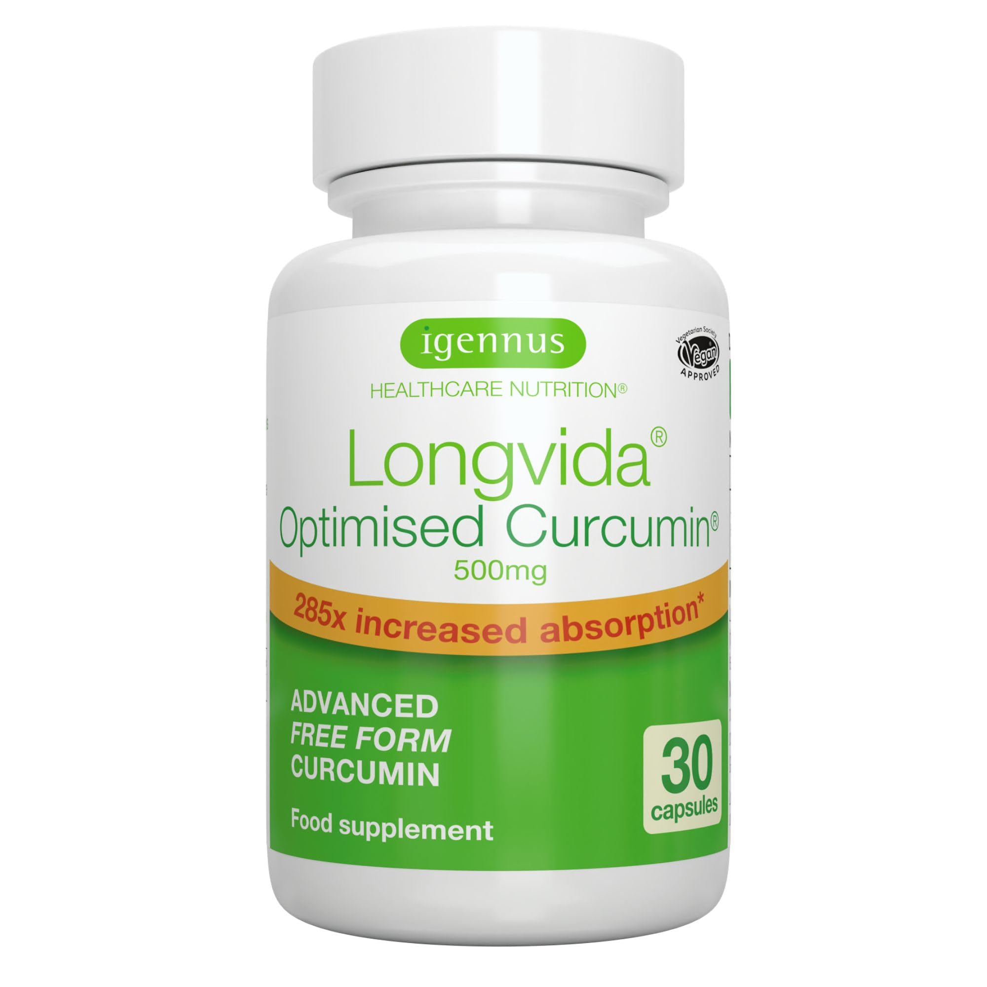 Igennus Longvida Curcumine Lipidée 500 mg, Ultra biodisponible & Action prolongée, 65x plus de concentration plasmatique, Soutien intensif, Curcumine libre, Végan, 30 capsules