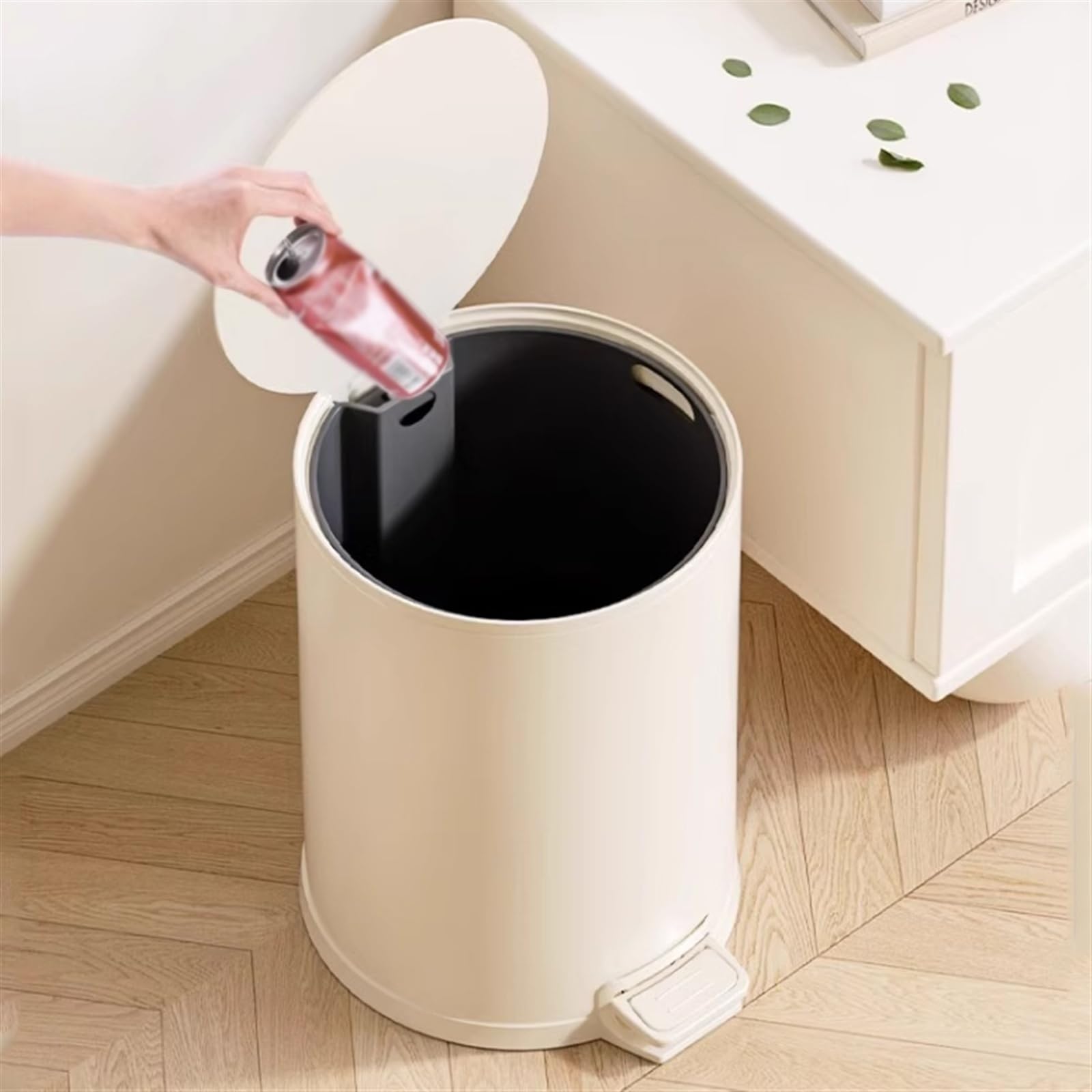 Papelera de Escritorio Cubo de Basura Redondo de Acero Inoxidable con Tapa de Cierre Suave, Pedal y Cubo Interior extraíble, 8/10/15 litros Cubo de Basura(Milk White,L)