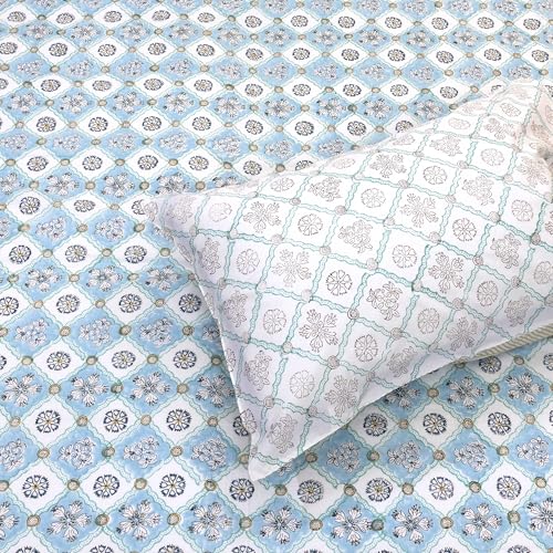 Image of TOAI Hand Block Printed Bedsheet | Bed Spread Flatsheet Bed Sheet | Pure Cotton | Double Bed King Size 108 inchx108 inch | 300 TC Long Staple Cotton | 2 Reversible Pillow Covers |Small Blue Jaal