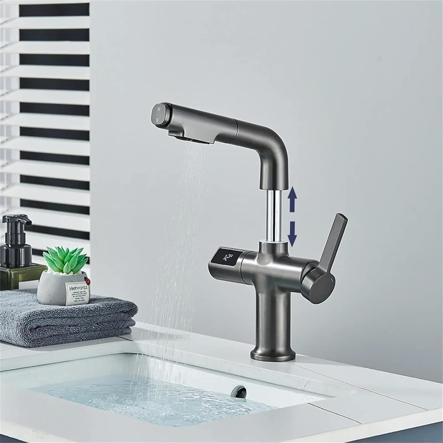 Pull Out Bathroom Lifting Brass Bathroom Sink Faucet with Temperature Display, 360° Rotation 2 Function Basin Deck Mount Single Handle Hot and Cold Vanity Mixer Tap,Gray(Chrome)