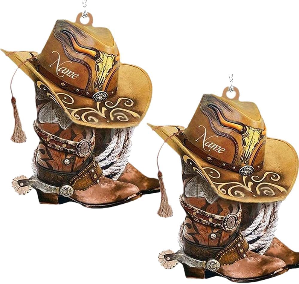 2 Pcs Cowboy Boots Hanging Ornament for Christmas Tree,Cowboy Boots and Hat Car Rearview Mirror Accessories,Xmas Decor Personalized Cowboy Boots and Hats Flat Acrylic Car Home Hanging Ornaments