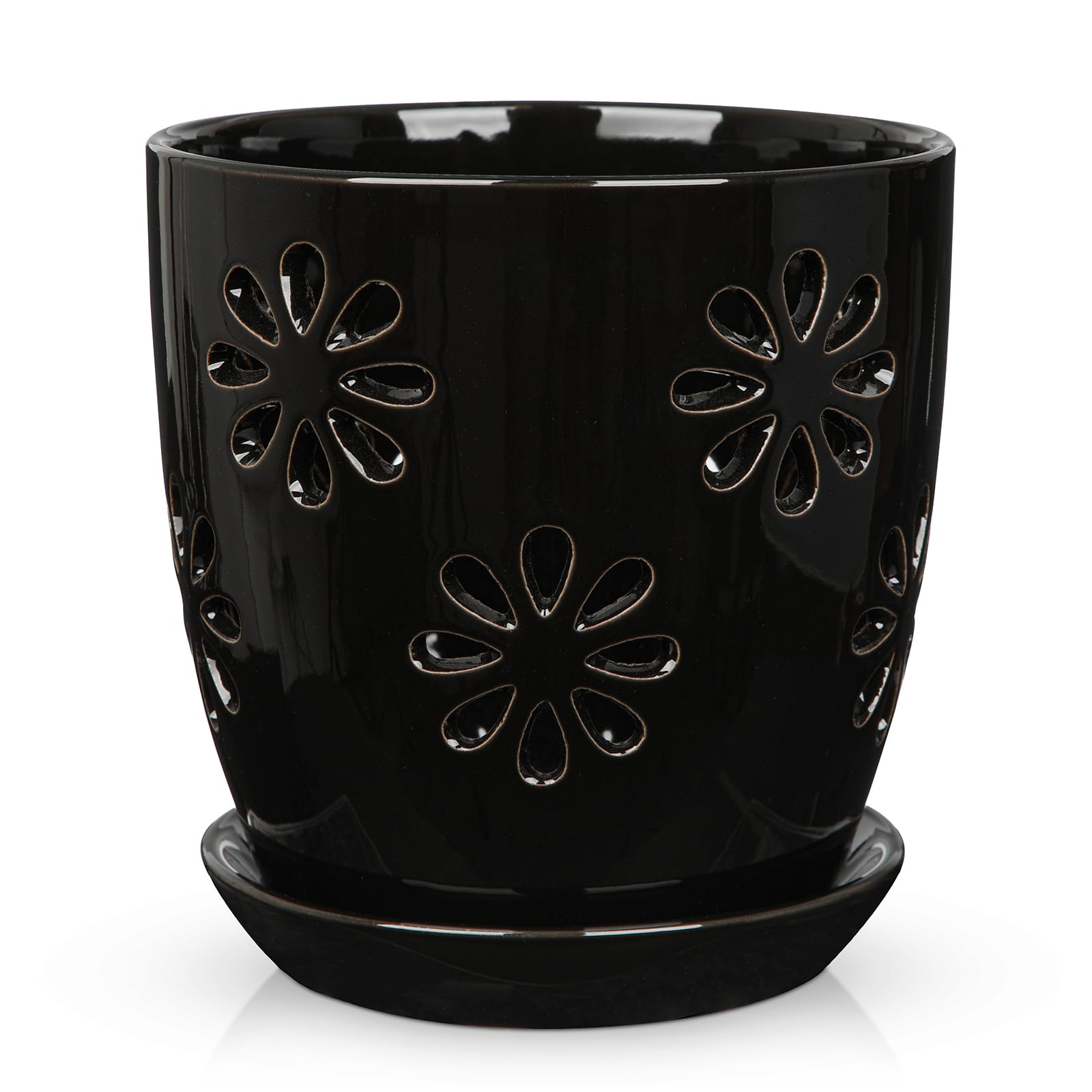 Oairse 6 inch Orchid Pots with Holes, Black Ceramic Orchid Pot for Repotting Small Indoor Plant Pots with Drainage Holes and Saucers Decorative Flower Planter for Orchids, Indoor Plant
