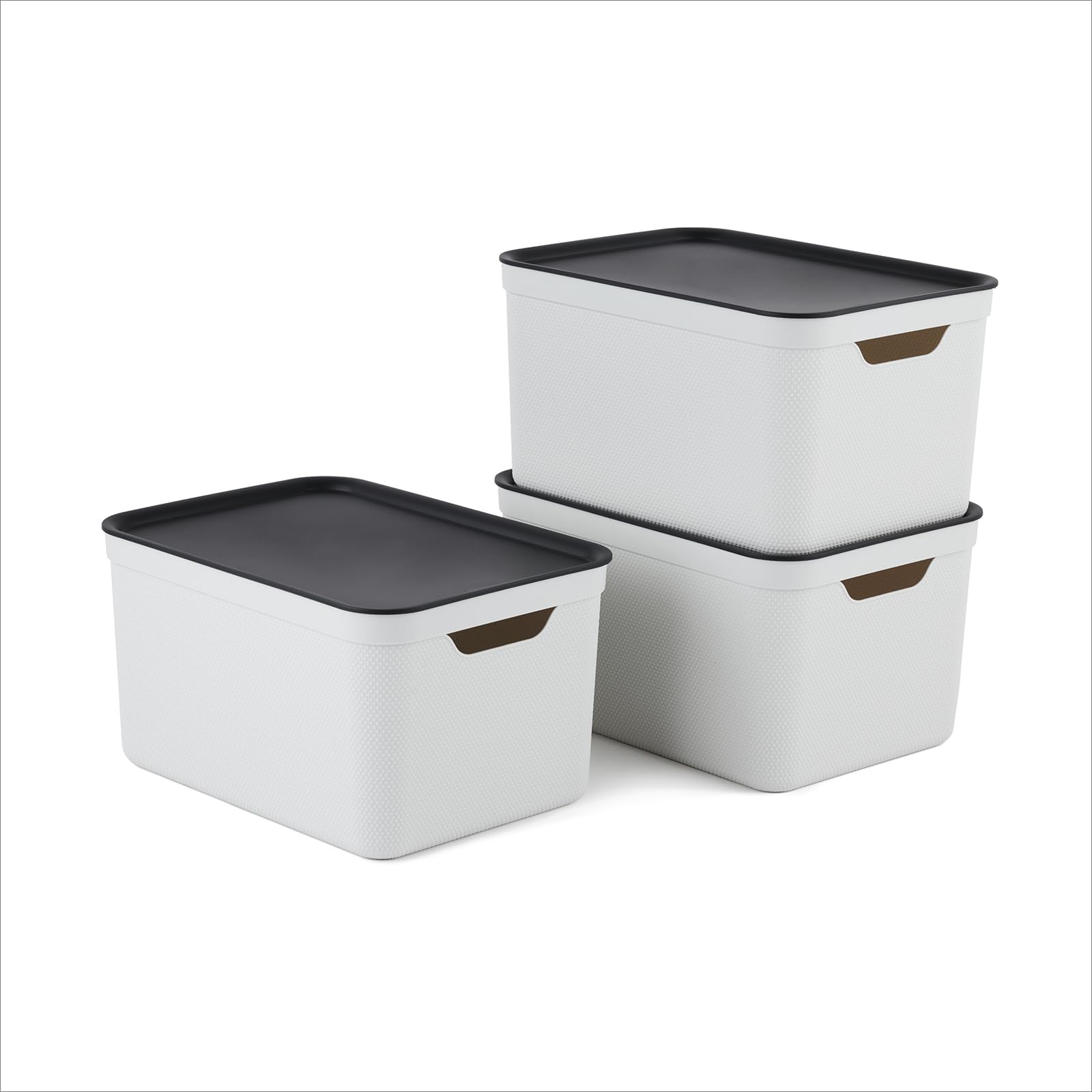 Rotho Jive Dekobox Set of 3 storage box 16l with lid, Plastic (PP recycled), white/anthracite, 3x16l (37.5 x 27.8 x 29.8 cm)