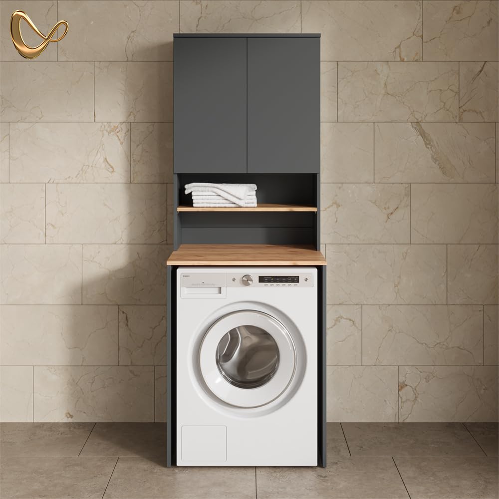Livinity Armoire Machine à Laver Paolina Anthracite/chêne doré 68x88.2cm | 2 pièces avec étagèreEspace de rangement supplémentaire au-dessus de l'appareil pour le détergent et les accessoires