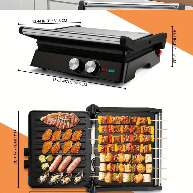 3-in-1 Electric Indoor Grill & Panini Press – 180° Flip Sandwich Maker with Adjustable Temperature Control, Non-Stick Plates & Grease Tray – Perfect for Sandwiches, Steaks & More (Red)