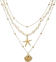Dainty Seashell Starfish Necklace for Women - Summer Pearl Beach Conch Shell 14k Gold Layered Choker