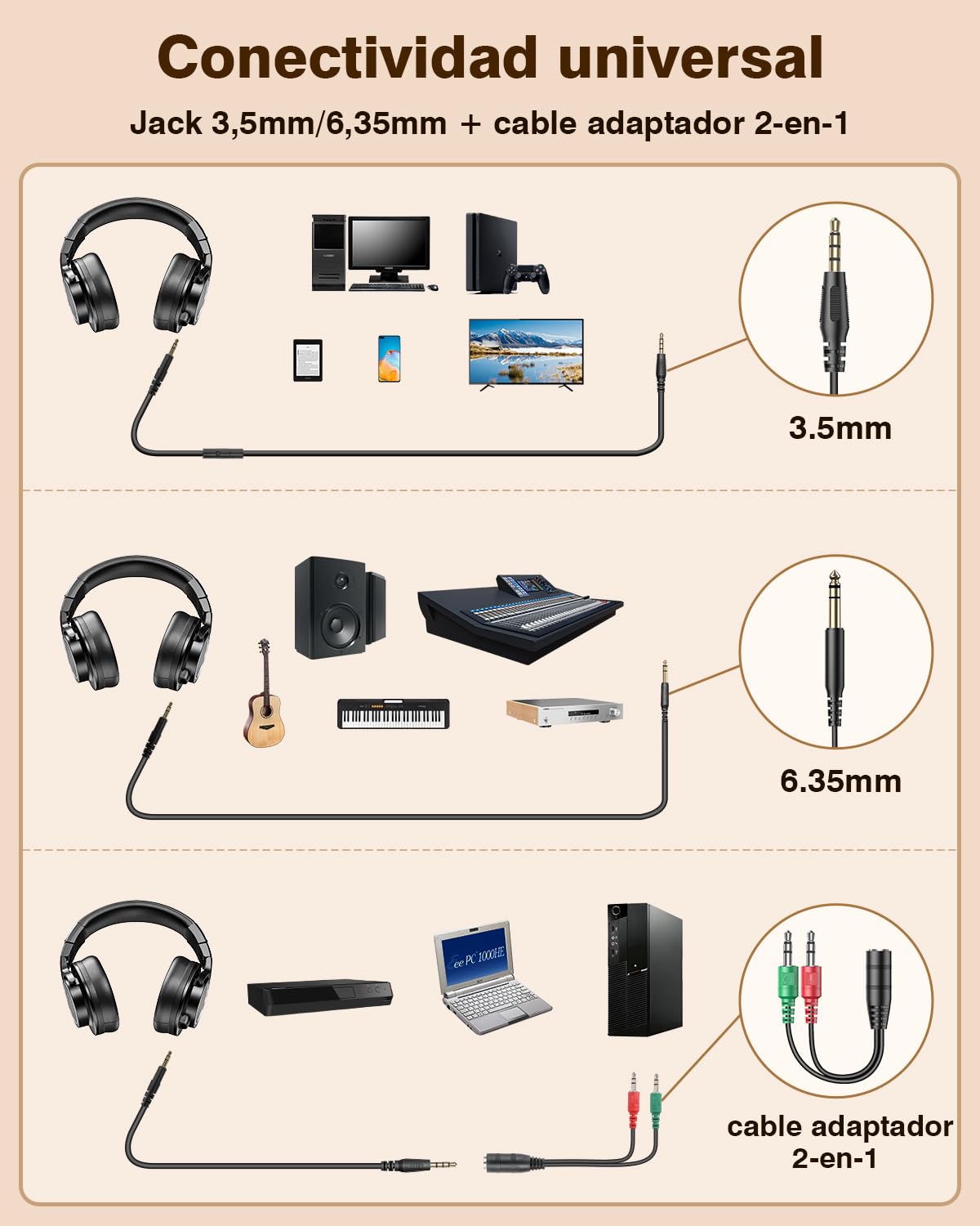 New Bee - Auriculares de estudio, auriculares over-ear con controladores de 50 mm y cable, auriculares de cable con conector de 6,35 y 3,5 mm para estudio, DJ, podcast, monitor