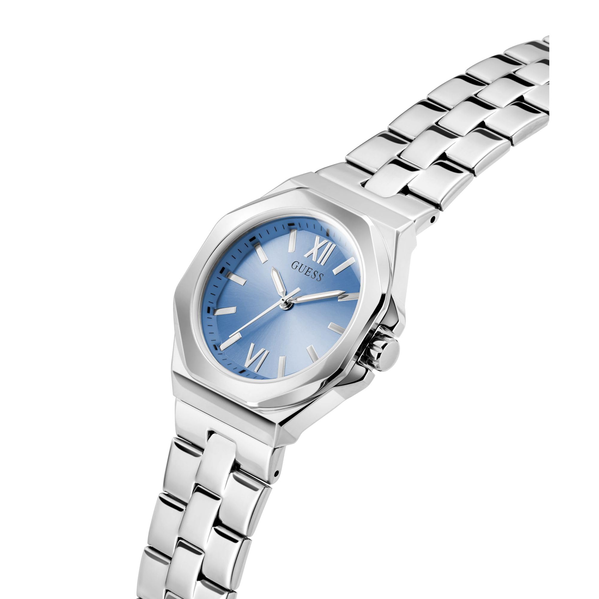 GUESS Damski zegarek na rękę Empress, srebrna bransoletka ze stali nierdzewnej, szkło mineralne, niebieska tarcza, 5 bar, średnica koperty: 34 mm, GW0873L1