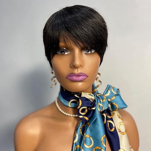 Short Pixie Cut Human Hair Wigs, Glueless Short Wigs for Women, Short Wigs with Bangs Layered Pixie Haircut Machine Made Wig Black Colour (1B)