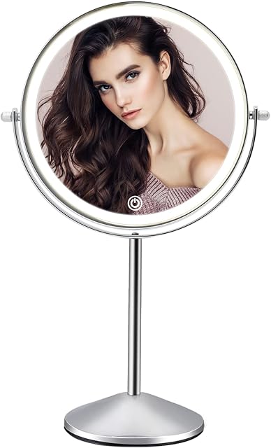 Rechargeable Lighted Makeup Mirror with 3 Color Lights, 8 Inch Lighted Mirror with 1x/10x Magnification Double Sided Lighted Vanity Mirror, Touch Sensor Dimming, 360° Rotation Lighted Makeup Mirrors