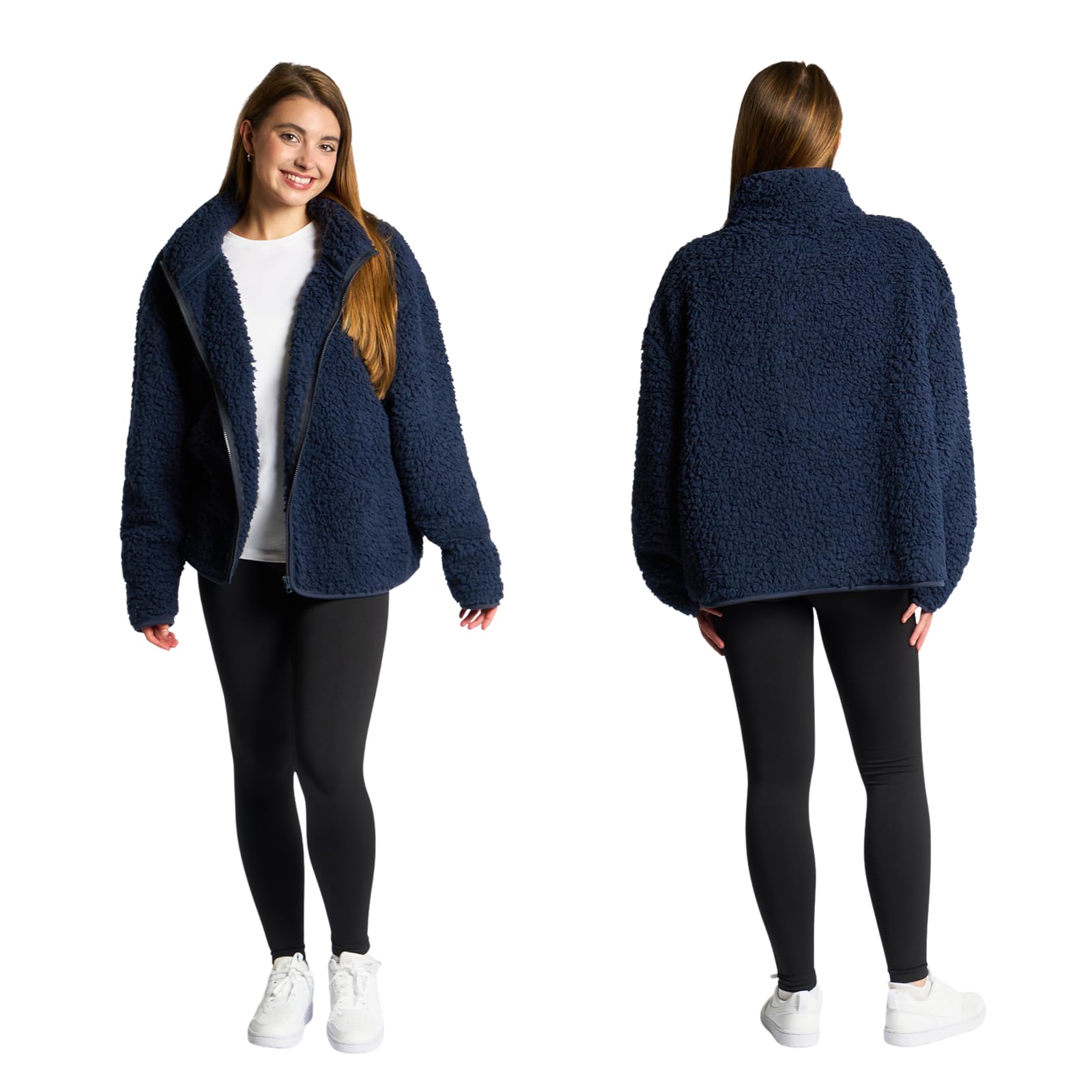 OHS Full Zip Up Teddy Fleece Mens, Lightweight Warm Cosy Sweatshirt Casual Long Sleeve Winter Ultra Soft Full Zip Up Coat for Travelling Outdoor Hiking, Navy -S/M