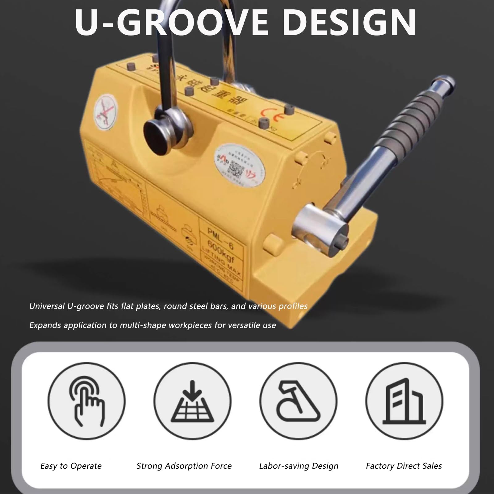 Sollevatore magnetico, magnete di sollevamento for piastre da 1320 libbre/600 kg con design a scanalatura a U, magnete di sollevamento for paranchi, blocchi e attrezzature for gru da officina