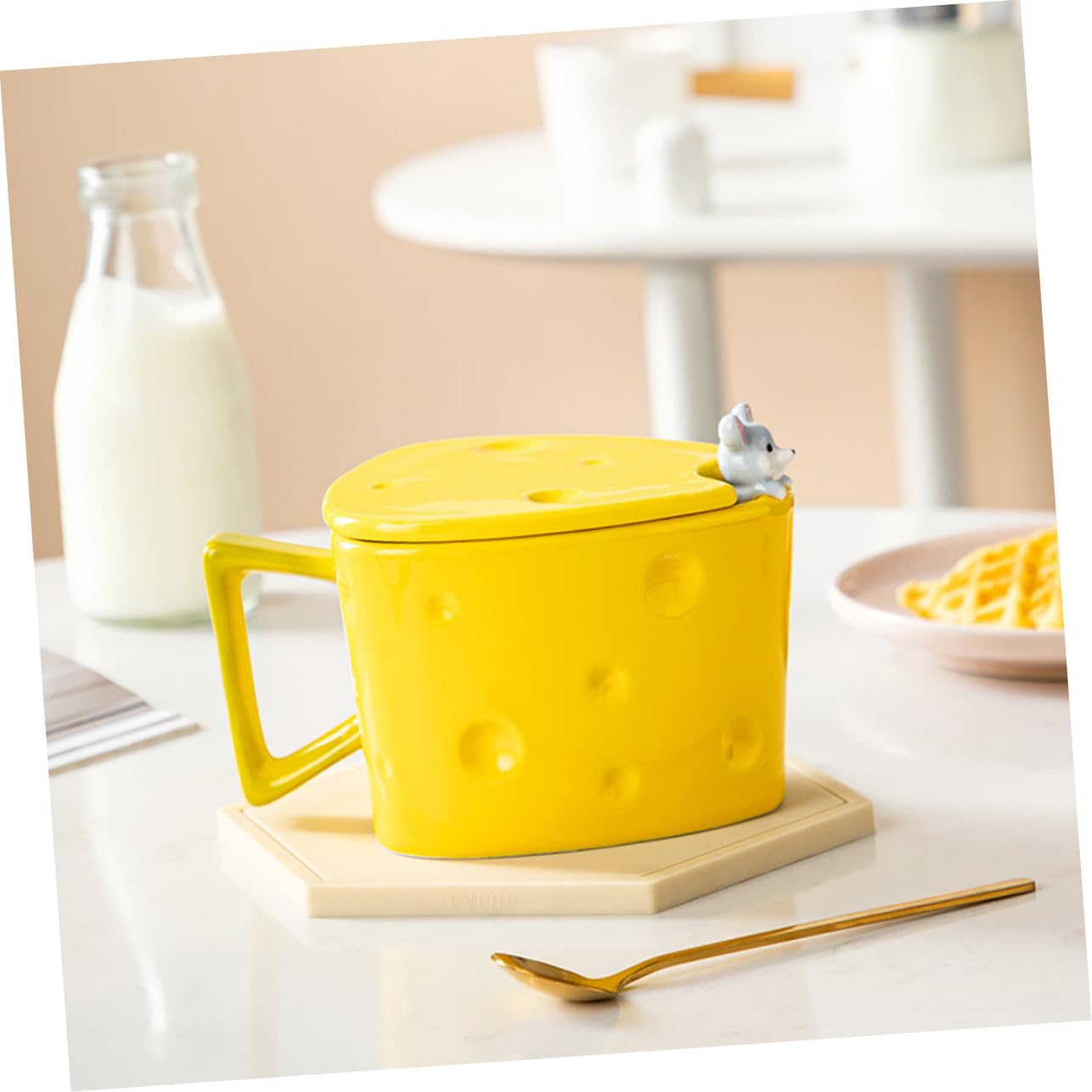 Keramik Kaffeetasse Käseform mit Löffel Kleine Milchhalter Tasse für Kaffee Joghurt Vielseitig Hitzebeständig Platzsparend für Frühstück und Alltag