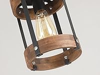 Vista 5 de Rustic Farmhouse Wood Pendant Light Fixture One-Light Adjustable Chain Oak Wood and Metal Lantern Drum Small Pendant Lighting for Kitchen Island