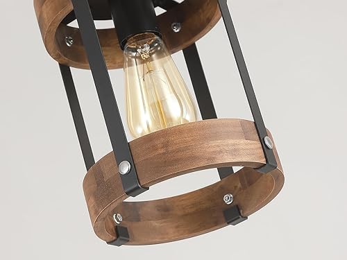 Miniatura 5 de Lámpara colgante rústica de granja con cadena ajustable, interruptor regulable, jaula de tambor de madera de roble y metal, mini lámpara colgante