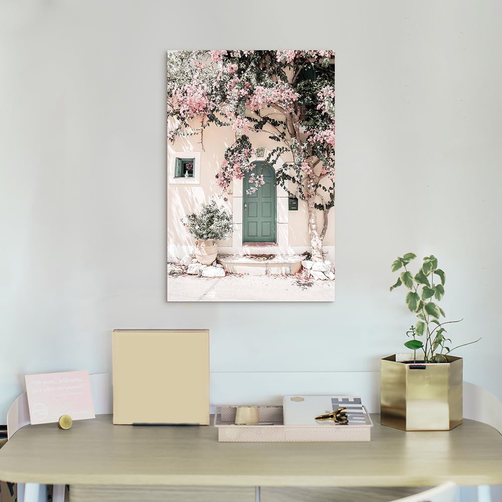 minimalist landscape canvas wall art: modern greece island city picture relaxing blooming pink flowers painting warm green door building prints calming town scenery artwork for bedroom