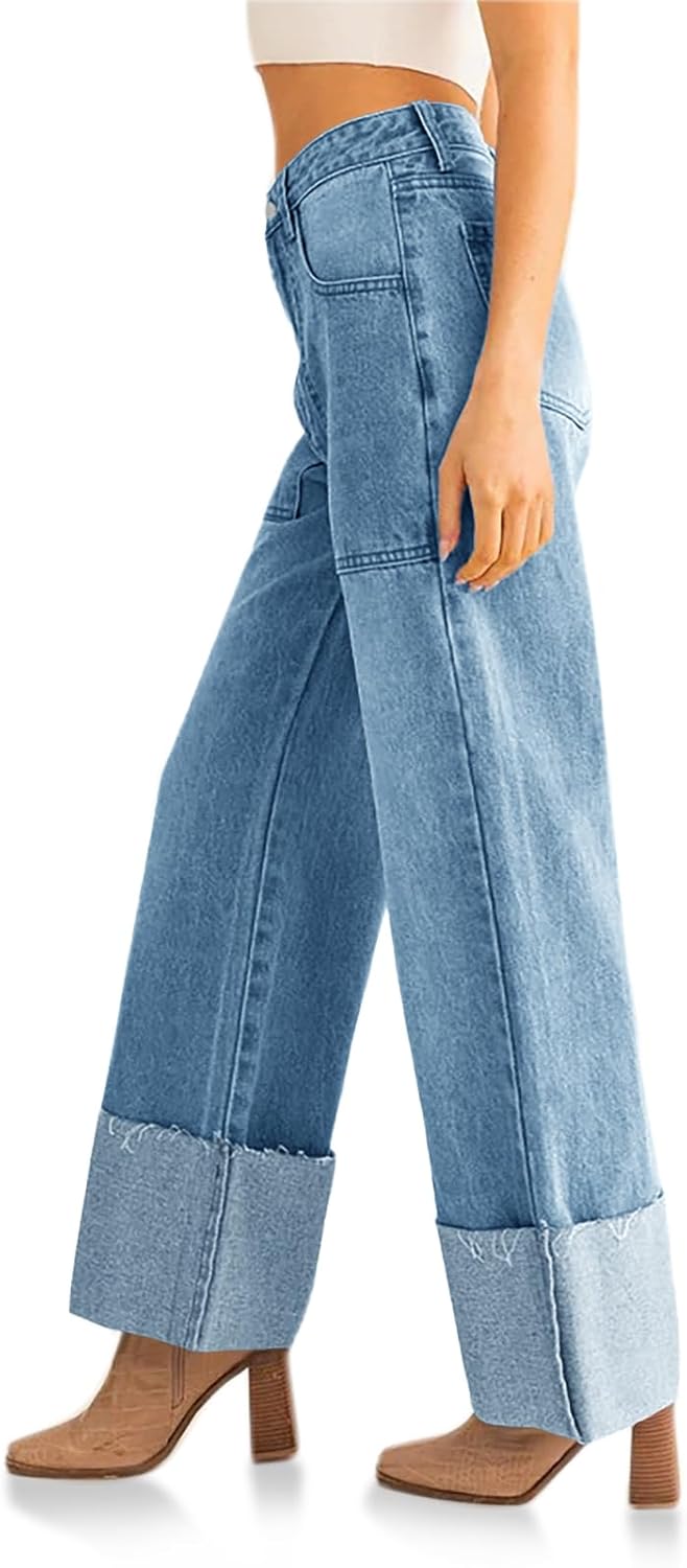 PLNOTME Womens Baggy Cuffed Jeans Casual Straight Leg Boyfriend Denim Pants with Pockets - Image 2