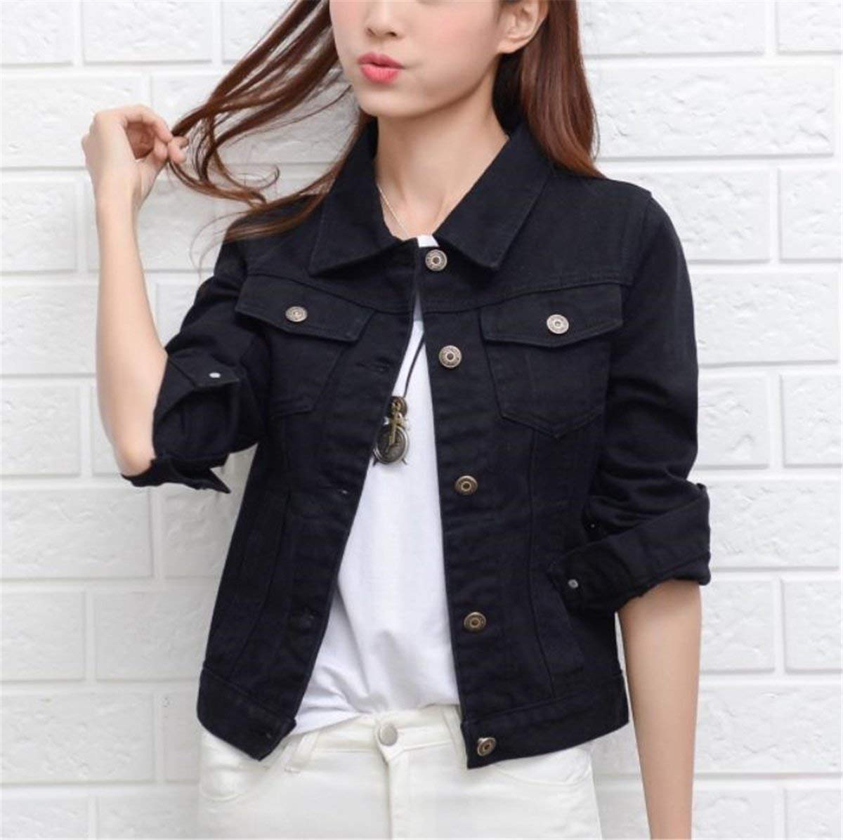 Huixin Dżinsowa kurtka damska elegancka wiosna jesień klapa długi rękaw dżinsy kurtka retro dziewczyna moda trend chłopak styl przetarty denim płaszcz odzież wierzchnia, Czarny, S