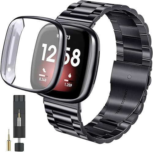 ZPJPPLX Correa de acero inoxidable sólido para Fitbit Versa 4Sense 2 con funda de reloj, correas de repuesto de metal Versa 3Sense y funda