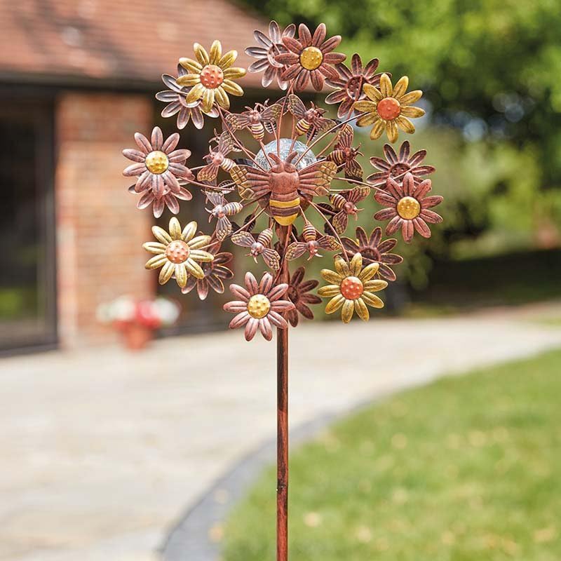 Garden Mile Large Solar Wind Spinner - 130cm Metal Freestanding Solar Stake Light With Colour Changing LED Light - Wind Turbine For Outdoor Lights, Garden Ornaments Outdoor, Pathway Lighting & Decor