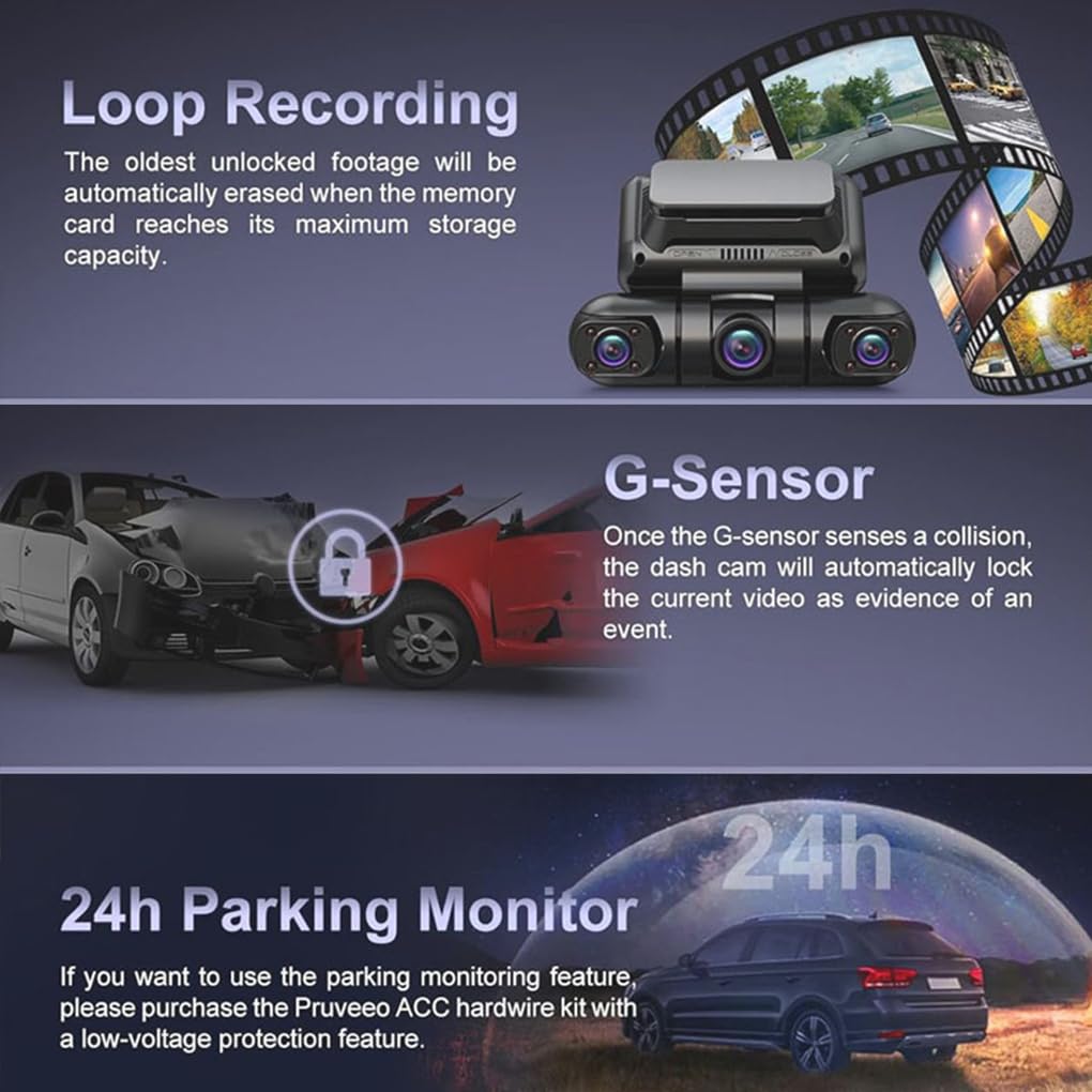 Dash Cam per auto con sensore G, 4 lenti, 2K1080P, con rilevamento