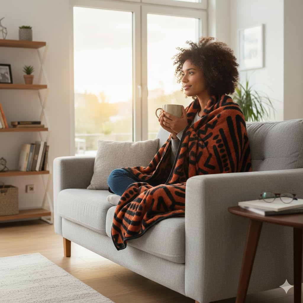 Aranda Buhle Blanket – Woodcut Design | Black/Terracotta | Premium