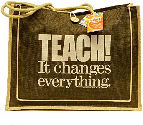 Teacher Peach Eco Friendly Oversized Jute Tote Bag - Motivational Shoulder Bag with Water Resistant Interior - Best for Teacher Appreciation, Retirement, or New School Teacher Gifts for Women - Brown