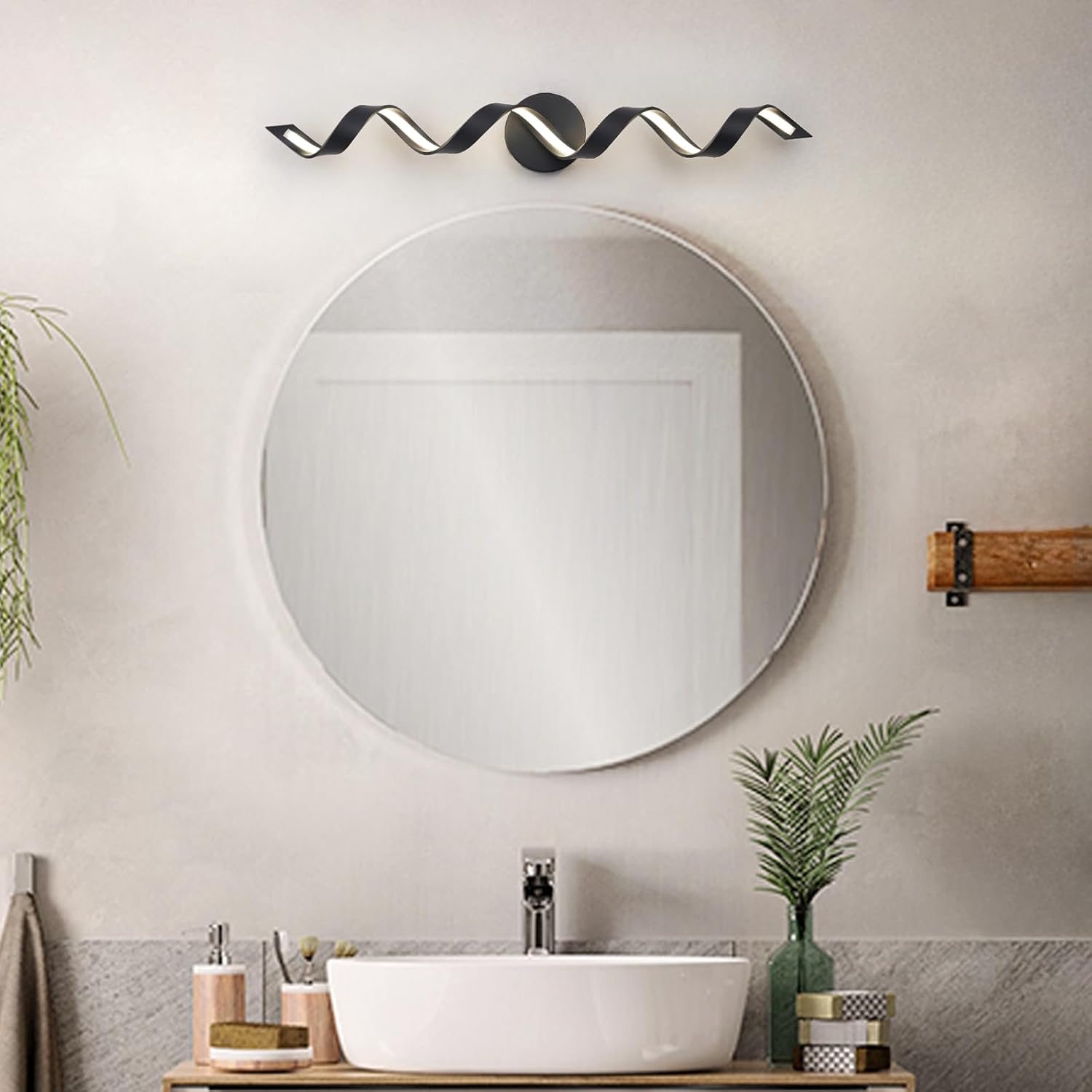 LED Modern Bathroom Vanity Light Fixtures, 31 inch Matte Black Wall Lamp Bedroom 4000K, Spiral Design Wall Sconce for Mirror, Living Room, Bedroom, Hallway 20W