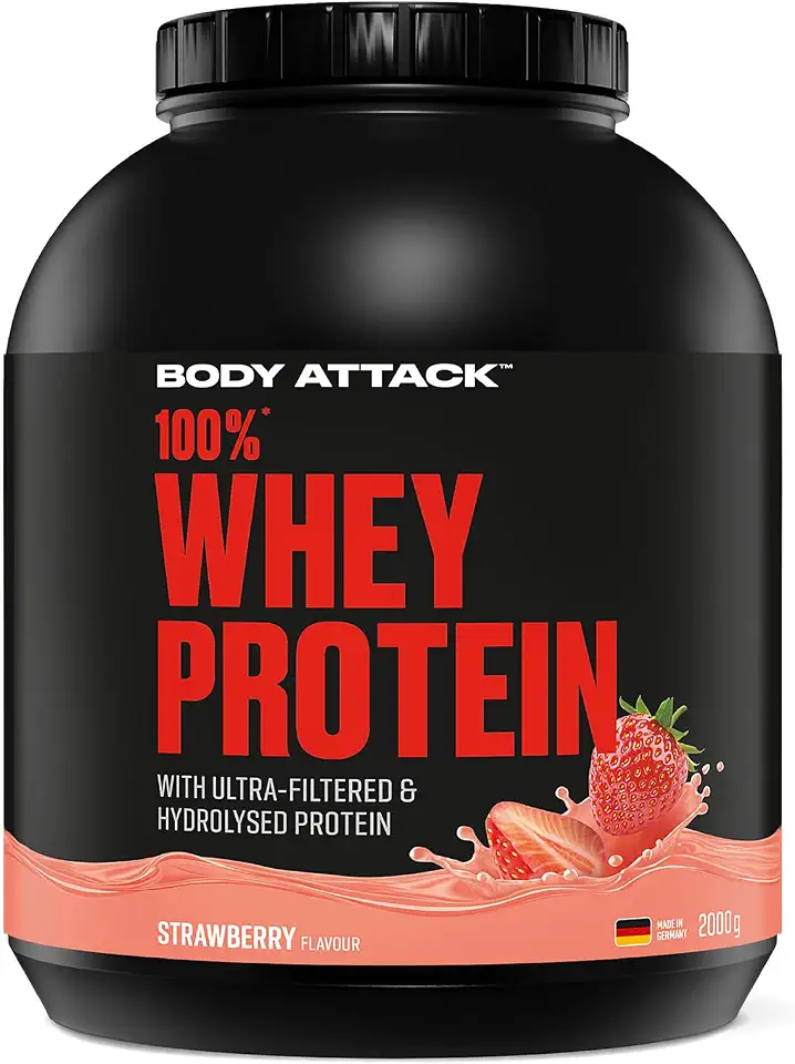 Body Attack 100% Whey Protein Strawberry, 2 kg - extra cremiges Eiweißpulver mit Hydrolysat und BCAA´s, unterstützt Muskelaufbau und Diäten, für alle Sportler & Athleten