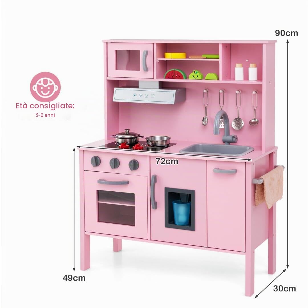 HOMASIS Cucina Giocattolo per Bambini, Cucina in Legno con Lavello, Fornello, Forno, Microonde, Macchina per il Gelato, 18 Accessori, Cucinetta per Bambini dai 3+ Anni (Rosa)