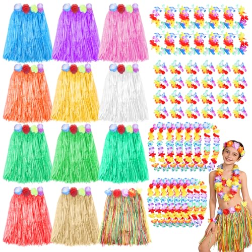 NICEMOVIC 12pcs Hawaiian Grass Skirts with 24pcs Bracelets 12 pcs Necklaces &12 pcs Headbands Luau Party Decorations Bulk for Women Adult Hula Skirt for Tropical Beach Holiday Party Favor Supplies