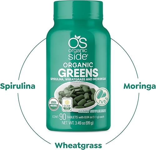 Miniatura 5 de OS Organic Side - Verdes orgánicos (espirulina, pasto de trigo y moringa) 90 tabletas - Rico en vitaminas y minerales - Super Greens 1100 mg -