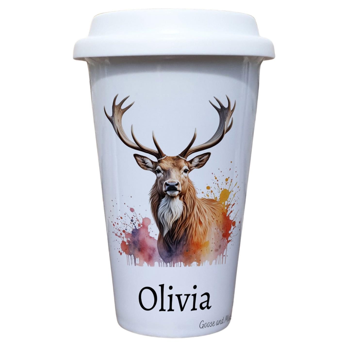 Personalised Deer Travel Mug, Gift for Stag Lover, Thank you present for Wildlife Spotter, Hot Drinks Flask, Insulated Coffee Cup