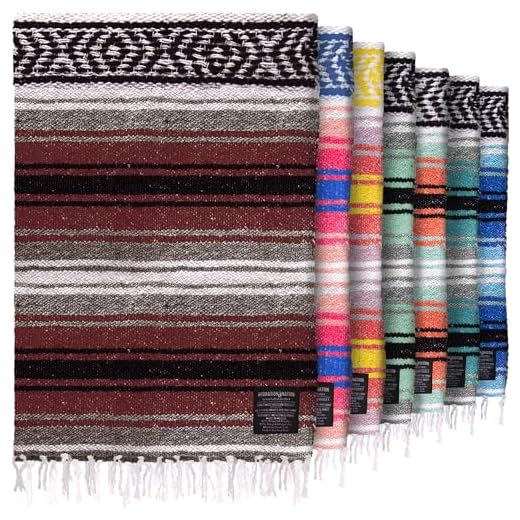Authentic Large Handwoven Mexican Blanket - Soft Yoga Blanket - Durable Serape Blanket - Lightweight Falsa Blanket, Beach Blanket, Camping Blanket, Picnic Blanket, Outdoor Blanket 70"x50" - Cherry