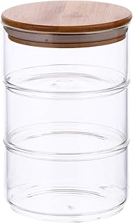 Hemoton Clear Glass Canister Food Storage Jar with Wooden Lids 3 Layers for Kitchen Loose Leaf Tea Sugar Dry Fruit Nuts Coffee Bean Storage