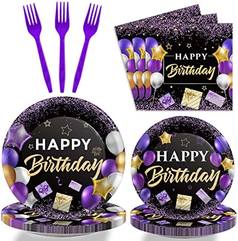 Purple Birthday Plates and Napkins Purple and Black Happy Birthday Party Supplies Tableware Set for 24 Guests Table Decorations for Women Girl Birthday Decorations Paper Plates Napkins Forks 96 Pieces