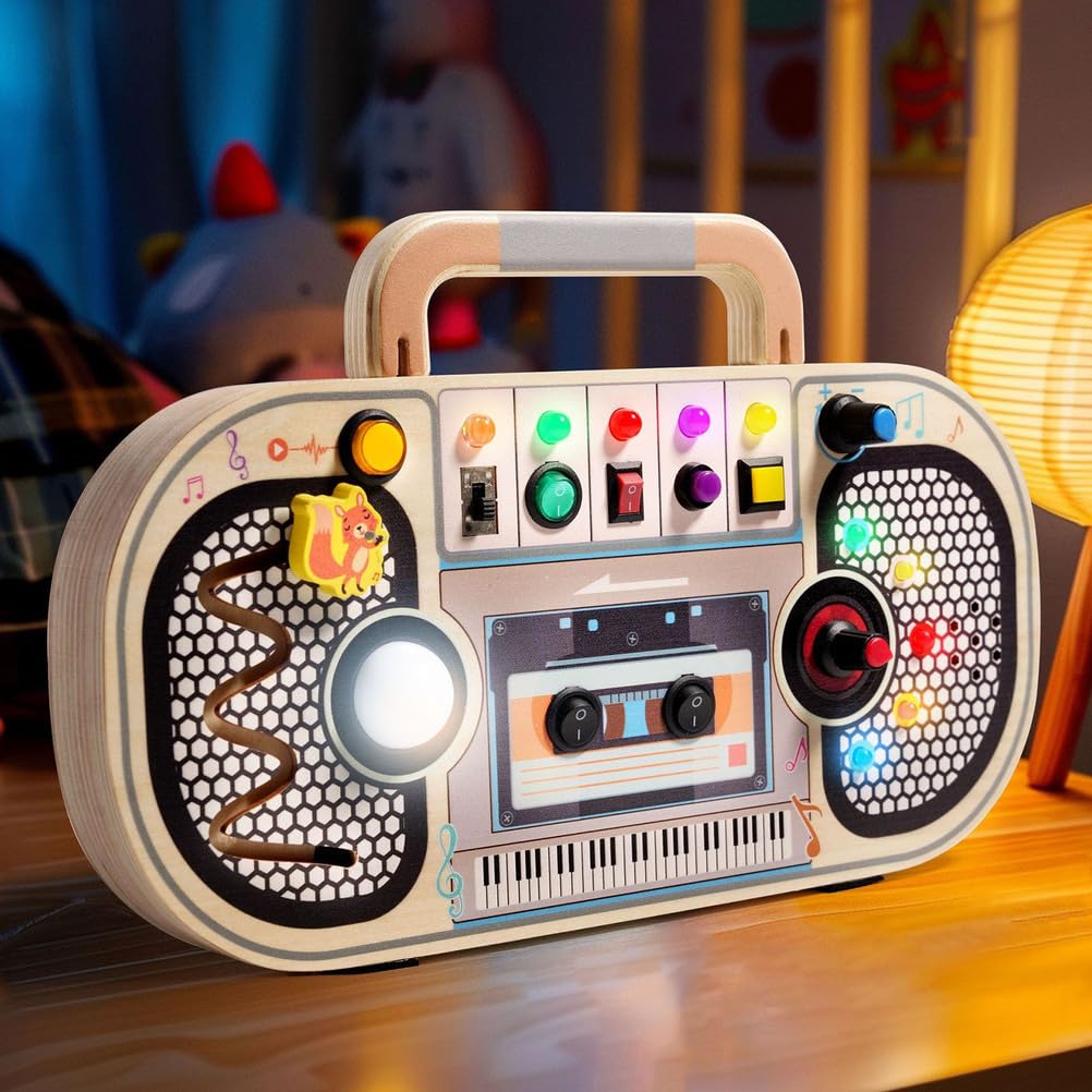 Tablero Ocupado de Madera con Grabadora de Voz LED, Juguete Educativo Montessori Temprano de Circuitos con Luz y Sonido