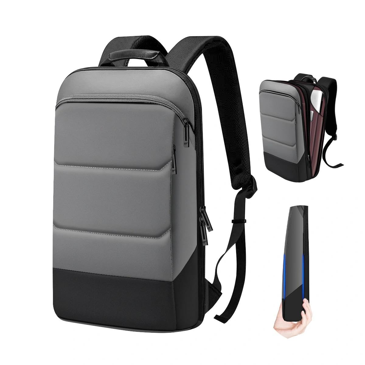 17" Zaino PC Portatili Sottile ed Espandibile Zaino da Viaggio Antifurto Impermeabile Zaino per Laptop con Porta USB per Lavoro Scuola Viaggio Uomo Donna，Nero Bordo grigio