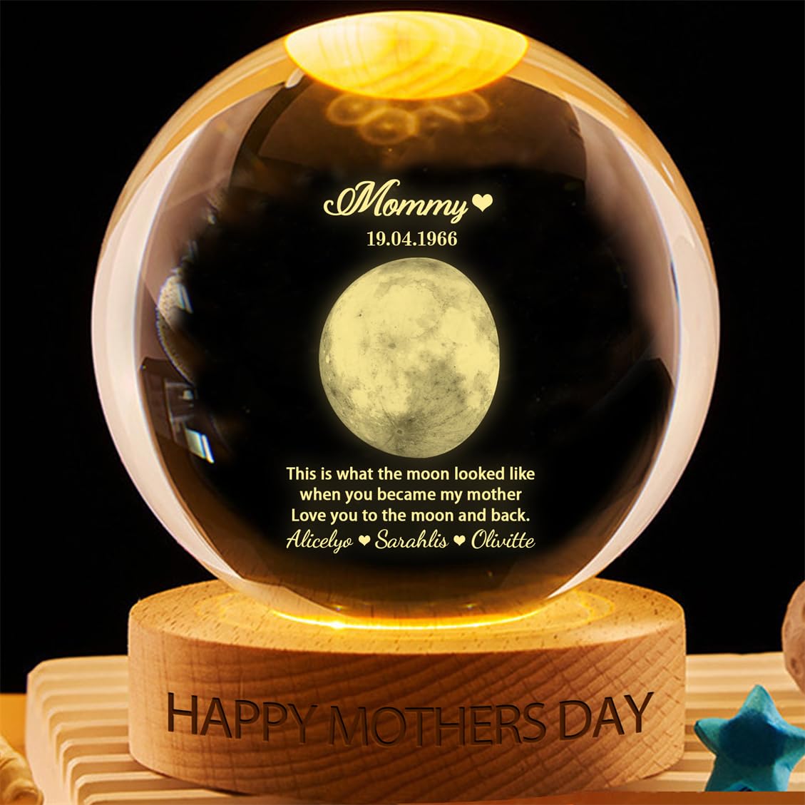 Wasetell Personalized Moon Phase Crystal Ball Light for Mom Grandma Custom When You Become My Mother Crystal Ball Lamp with Special Day Family Keepsake Gift for Birthday Christmas Mother's Day,02