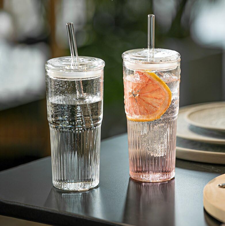 Image of Ash & Roh 550ml Large Ribbed Glass Cup with Straw, Reusable Glass Tumbler with Lid for Iced Coffee, Bubble Tea, and Smoothies (Pack of 1)