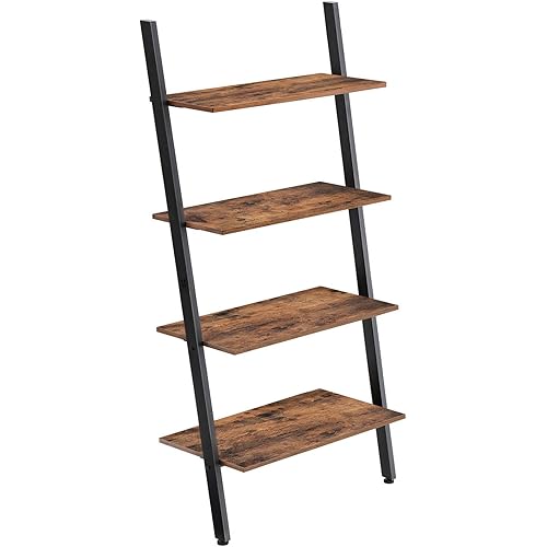 VASAGLE Ladder Shelf, 4-Tier Bookshelf, Storage Rack Shelves, for Living Room, Kitchen, Office, Steel, Stable, Sloping, Leaning Against The Wall, Industrial, Rustic Brown and Black