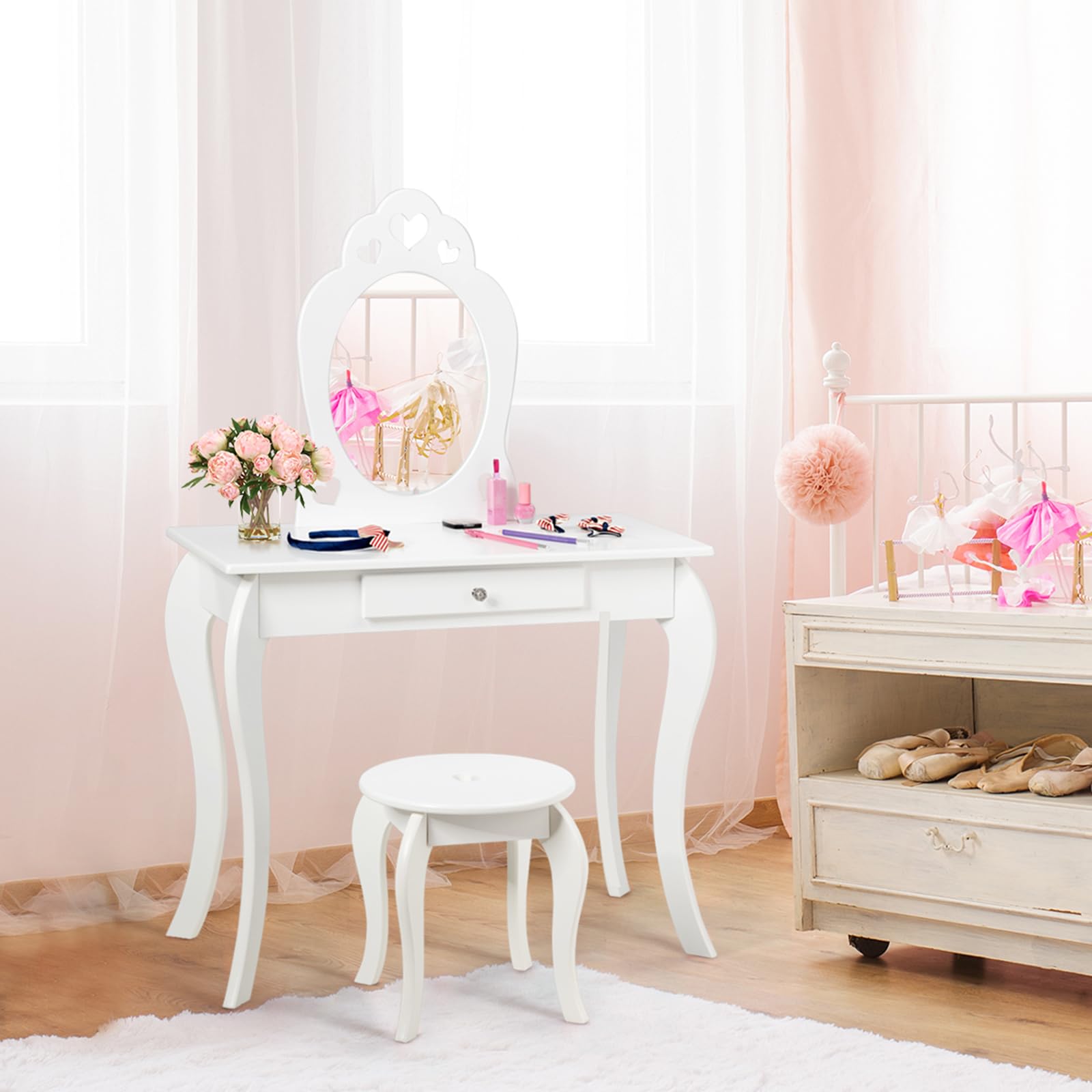 COSTWAY 2 in 1 Toeletta Trucco per Bambina 3+ Anni, Postazione Trucco Bambina con Specchio ad Alta Definizione Rimovibile, Set in Legno con Sgabello, Cassetto e Dispositivo Anti-ribaltamento (BIANCO)
