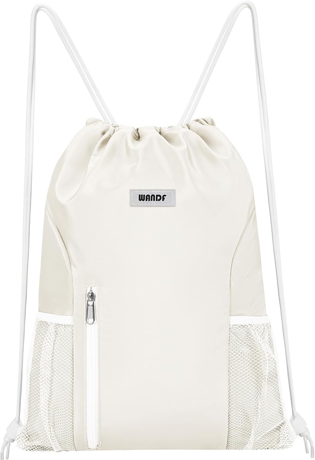 WANDF Water Resistant Drawstring Backpack Gym Sackpack with Mesh Pockets & Inner Zipper for Men Women - Beige