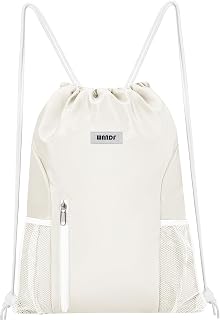 WANDF Water Resistant Drawstring Backpack Gym Sackpack with Mesh Pockets & Inner Zipper for Men Women - Beige