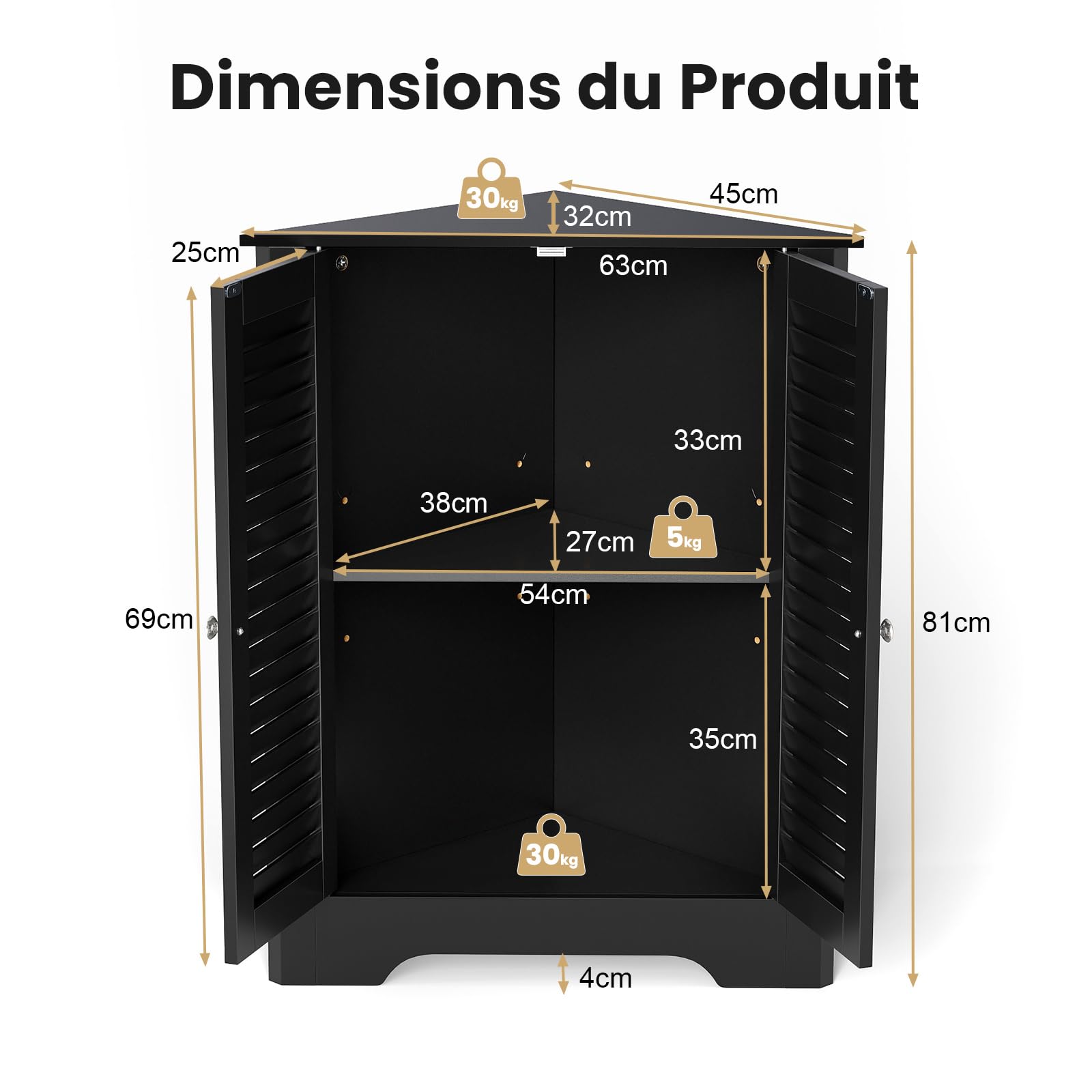 COSTWAY Meuble d'angle, avec 2 Portes et Étagère Réglable, Meuble de Rangement Autoportant pour Salle de Bain, Entrée, Salon, Chambre (Noir)
